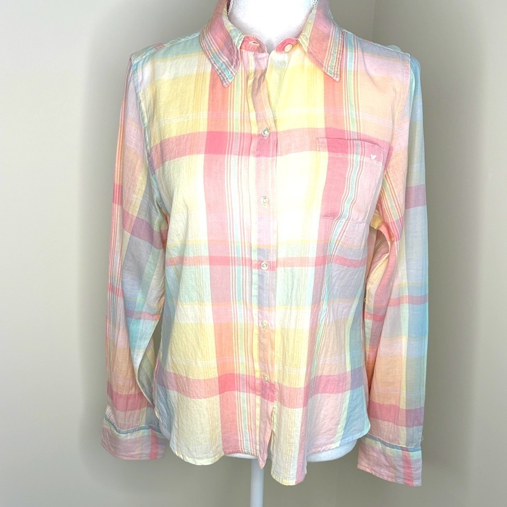 Vintage Quizz Sheer Pastel Plaid Button-Up Shirt. Large. Y2K